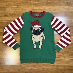 Ugly Christmas Sweater Pug Dog Santa Hat Size L Green Red White Striped Sleeves